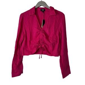 Monrow Pink Gauzy Organic Cotton V Neck Long Sleeve Ruched Top